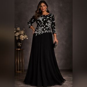 J Kara Size 18/2X Black Floral Beaded Gown 3/4 Sleeve Formal Mother of the Bride